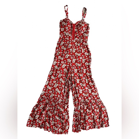American Eagle Boho Cottagecore Red Floral Jumpsuit Flare Ruffle Leg Women Sz 4 - Picture 3 of 16